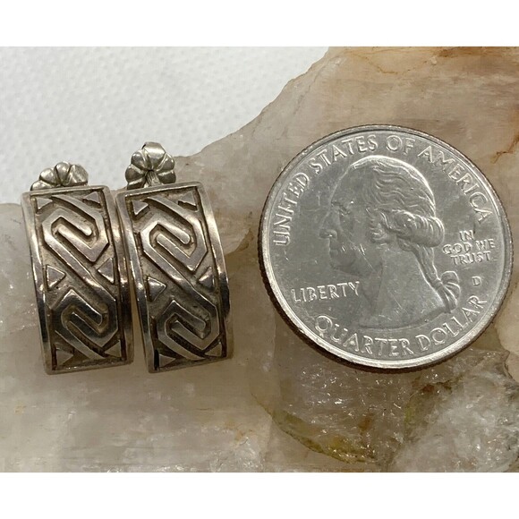 Vintage ZAC Geometric Pattern Curved Earrings Sterling 925 Silver 5.7g Boho‎ - Picture 2 of 6